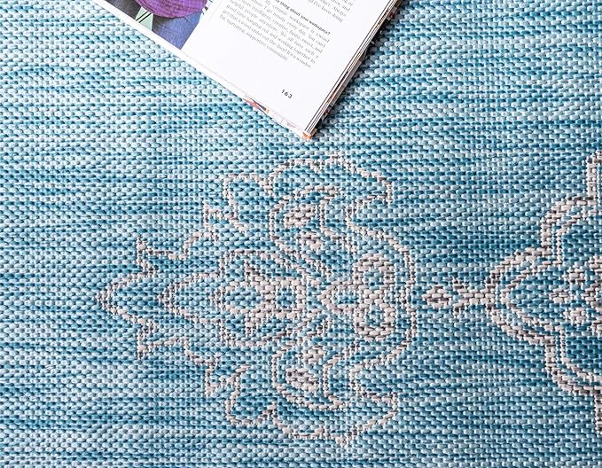 Unique Loom Outdoor Traditional Collection Area Rug - Antique (9' x 12' Rectangle, Light Aqua/ Gray)