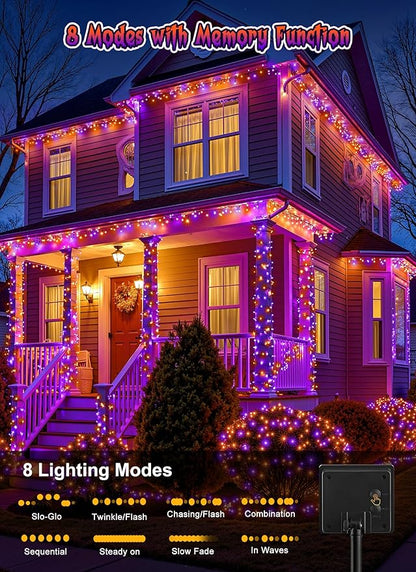 Brightown 2 Pack Halloween Solar String Lights Outdoor, Total 144Ft 400 LED Twinkle Fairy Lights Waterproof with 8 Modes Auto On/Off for Patio Tree Garden Party Home Decorations (Orange&Purple)