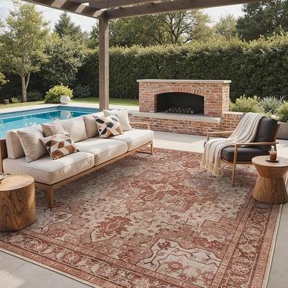 GENIMO Outdoor & Indoor Area Rug 8'x10', Waterproof, Non-Shedding, Easy Cleaning, Boho Mat for Patio, Living Room, Balcony, Dining Room, RV, Deck, Bedroom, Camping, Outside Carpet,Brown Red