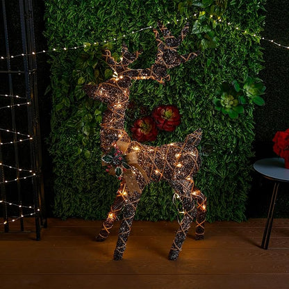 Alpine Corporation 48" Tall Outdoor Rattan Twig Grazing Reindeer Christmas Yard Decor with 80 Warm White LED Lights, Brown