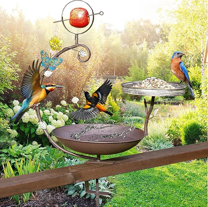 Deck Mounted Bird Bath, 2 in 1 Bird Feeder for Balcony with Fruit Spear, Railing Bird Feeder for Porch Patio Garden