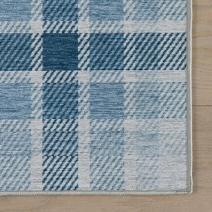 Dash & Albert Andri Plaid Blue Machine Washable Rug, Runner-2.5 X 8 Feet, Blue/White Plaid Pattern