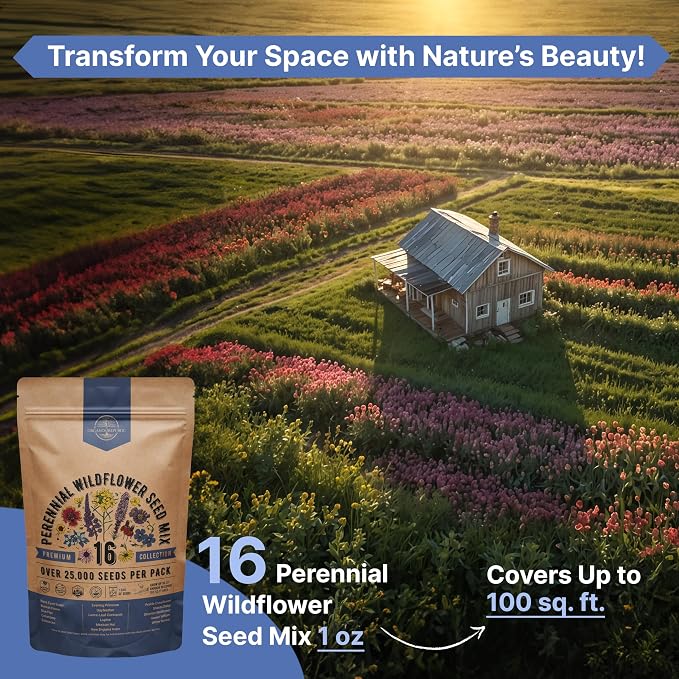 Organo Republic 16 Perennial Wildflower Seeds Mix for Indoor & Outdoors 25,000+ Non-GMO, Heirloom Wildflower Garden Seeds, 1oz Packet for Growing Wild Flowers to Attract Bees, Butterflies & Birds