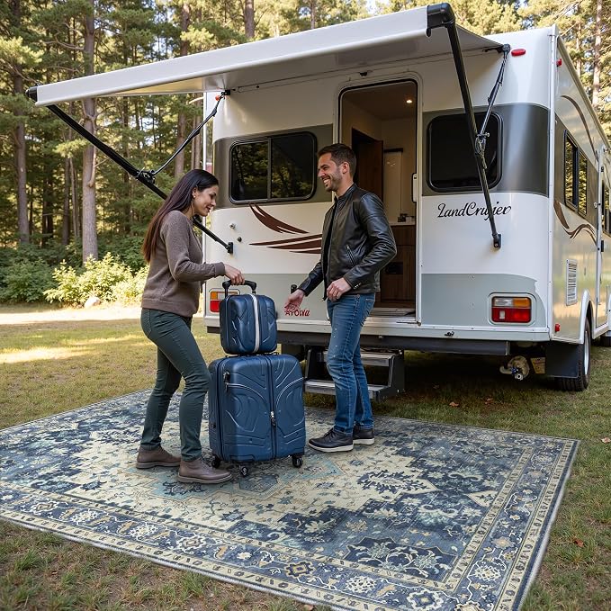 GENIMO Outdoor & Indoor Area Rug 4'x6', Waterproof, Non-Shedding, Easy Cleaning, Boho Mat for Patio, Living Room, Balcony, Dining Room, RV, Deck, Bedroom, Camping, Outside Carpet,Center Blue