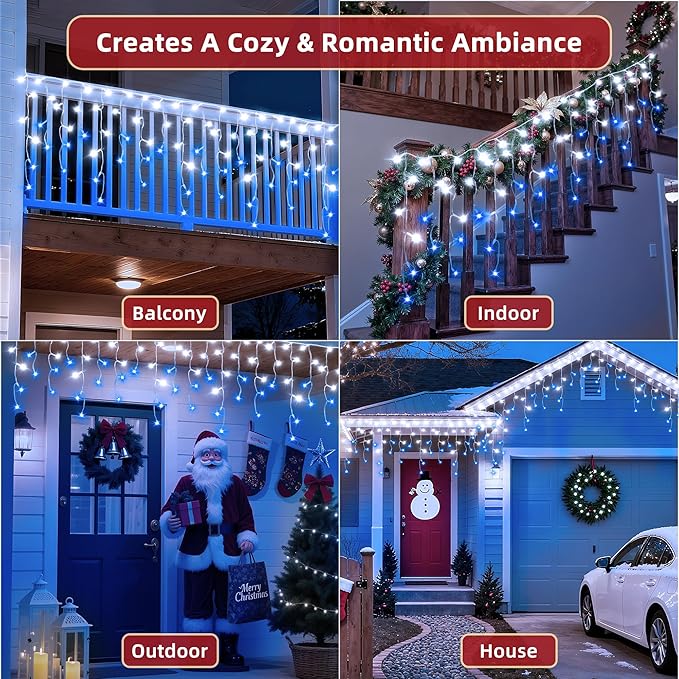 504 LED Christmas Lights Outdoor 50FT with 112 Drops, Christmas Decorations Hanging Lights 12 Modes, Dimmable Outsite Fairy String Lights for Wedding Party Holiday Winter Wonderland Decor Blue & White