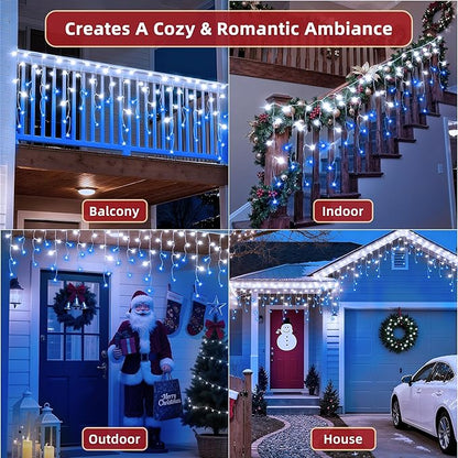504 LED Christmas Lights Outdoor 50FT with 112 Drops, Christmas Decorations Hanging Lights 12 Modes, Dimmable Outsite Fairy String Lights for Wedding Party Holiday Winter Wonderland Decor Blue & White