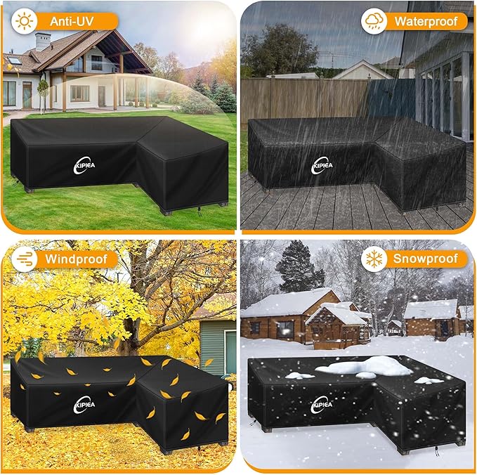Kipiea Patio L-Shaped Sectional Sofa Cover, 420D Heavy-Duty Oxford Fabric Outdoor Sectional Cover with 6 Windproof Buckles, No Tears Anti UV No Fading (Right Facing, 104" x 83" L x 33.5" D x 31" H)