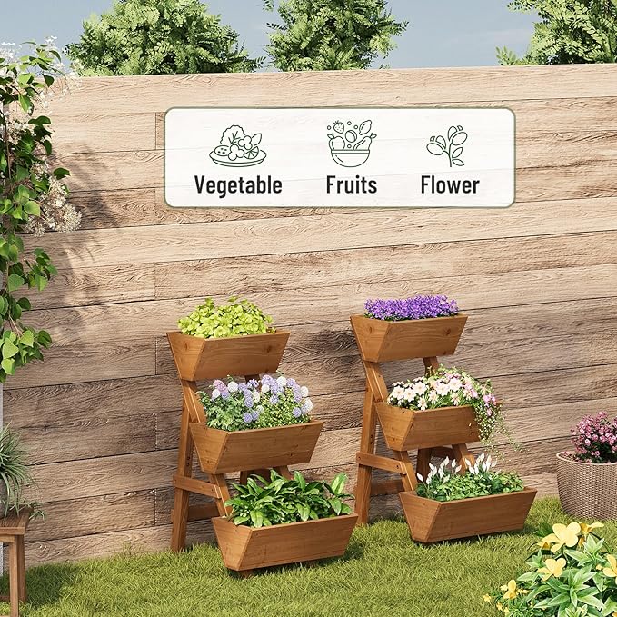 Vertical Wooden Raised Garden Bed, Garden Planters Freestanding Wood Plant Stand Flower Rack Wooden Planter Box for Plants Herbs Flowers Vegetables Outdoor Indoor Gardening (3-Tier Small Brown)