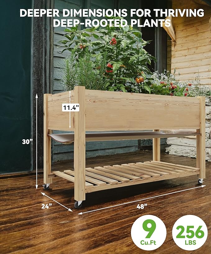 GarveeHome Raised Garden Bed 48x24x32 in Mobile Elevated Wood Planter Raised Beds w/Lockable Wheels, Storage Shelf, and Protective Liner for Indoor/Outdoor Gardening,Natural