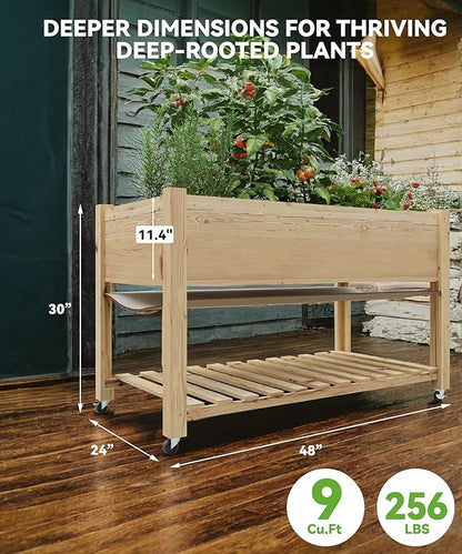 GarveeHome Raised Garden Bed 48x24x32 in Mobile Elevated Wood Planter Raised Beds w/Lockable Wheels, Storage Shelf, and Protective Liner for Indoor/Outdoor Gardening,Natural