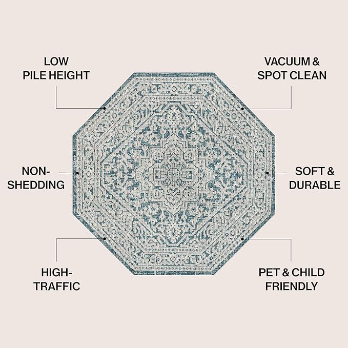 JONATHAN Y Medallion Weave Indoor Outdoor Octagon Area Rug 8 Ft Teal Blue/Gray, Sinjuri Textured for Backyard, Patio, Porch, Easy-Cleaning, High Traffic, Pet-Friendly, Non-Shedding (SMB101C-8TGN)