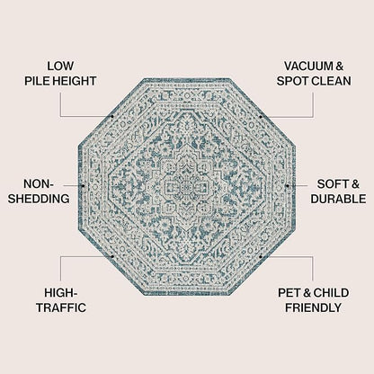 JONATHAN Y Medallion Weave Indoor Outdoor Octagon Area Rug 8 Ft Teal Blue/Gray, Sinjuri Textured for Backyard, Patio, Porch, Easy-Cleaning, High Traffic, Pet-Friendly, Non-Shedding (SMB101C-8TGN)