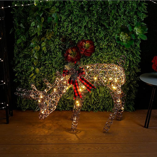 Alpine Corporation 27" Tall Rattan Grazing Reindeer with Bow and LED Lights, Indoor/Outdoor Christmas Lawn and Yard Decor, Festive Holiday Decoration