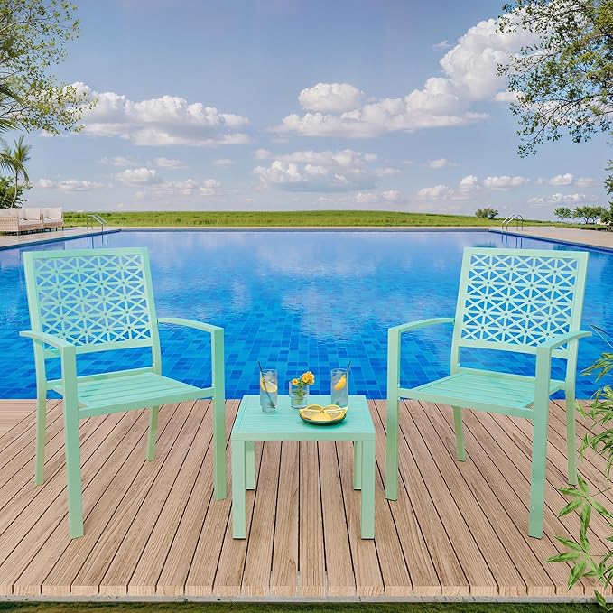 GarveeTech 3 PCS Outdoor Bistro Set, Stackable Modern Metal Steel Table and Chairs, Small Patio Furniture Conversation Set for Porch, Deck, Balcony, Garden, Geometric Decor - Mint Green