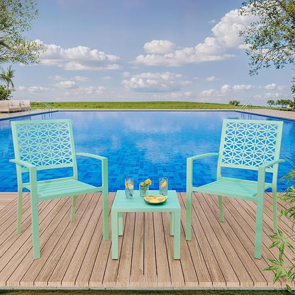 GarveeTech 3 PCS Outdoor Bistro Set, Stackable Modern Metal Steel Table and Chairs, Small Patio Furniture Conversation Set for Porch, Deck, Balcony, Garden, Geometric Decor - Mint Green
