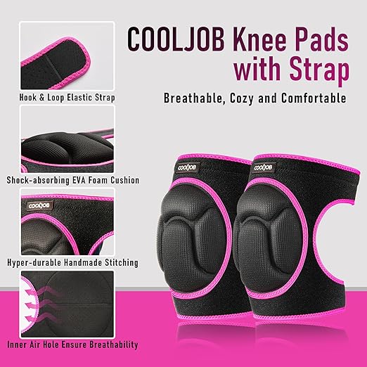 COOLJOB Women Men Knee Pads for Gardening House Working, Floor Cleaning and Construction, Durable Breathable Kneeling Cushion with Thick EVA Foam Padding and Adjustable Non-Slip Straps 1 Pair Pink