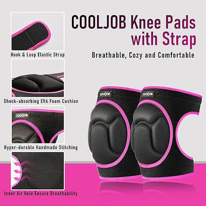 COOLJOB Women Men Knee Pads for Gardening House Working, Floor Cleaning and Construction, Durable Breathable Kneeling Cushion with Thick EVA Foam Padding and Adjustable Non-Slip Straps 1 Pair Pink
