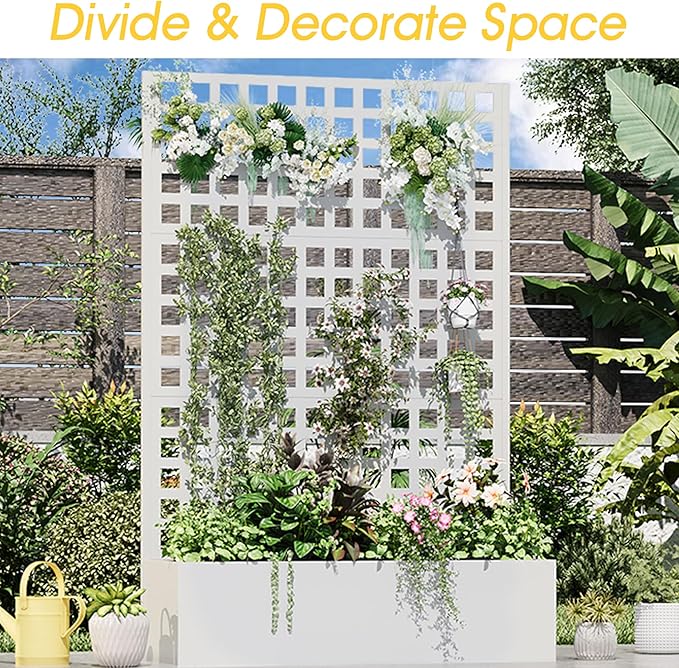 Metal Planter Box with Trellis, 71"x 47"x 16" Raised Garden Bed with Trellis, Planter Box Trellis with Privacy Screen and Drainage Holes, White