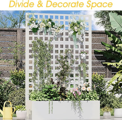 Metal Planter Box with Trellis, 71"x 47"x 16" Raised Garden Bed with Trellis, Planter Box Trellis with Privacy Screen and Drainage Holes, White