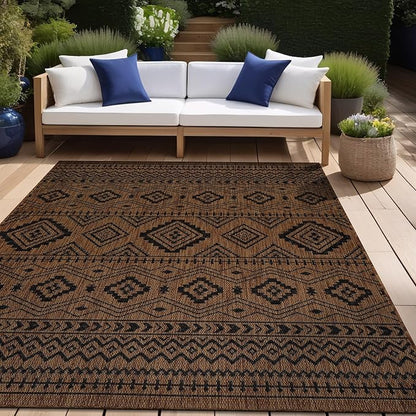 Beverly Rug Waikiki Boho Indoor Outdoor Rug 9x12, Washable Outside Carpet for Patio, Deck, Porch, Bohemian Area Rug, Farmhouse Rugs, Aztec Tribal Rug, Nut Brown and Black