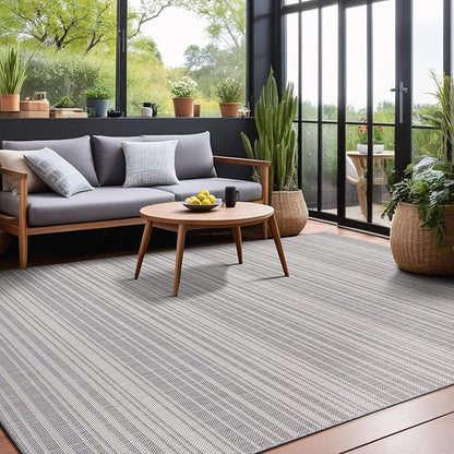 Stripe Outdoor Rug 9x12 Washable Outside Carpet for Indoor Patio Porch Waterproof Easy Cleaning Non Shedding Area Rugs Gray 9 x 12