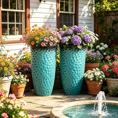 23.75" H Large Tall Outdoor Planters, Set of 2 Plastic Large Flower Pots for Outdoor Plants, with Turquoise Teal Honeycomb Texture, Weather-Resistant for Porch, Garden, Patio or Indoor Use