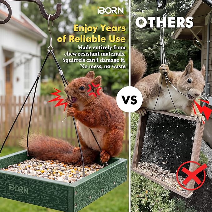 iBorn Platform Bird Feeder Tray Bird Feeders for Outdoors Hanging for Outside Flat Birdfeeder Tray with Large Capacity 3LBS, WPC Recycled Plastic & Cedar Look, Waterproof, 10.6"x10.6", Green