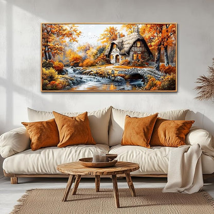 QIYILEXWART Canvas Wall Art For Living Room Wall Decor For Bedroom Office Wall Decoration Autumn Cottage River Landscape Painting Farmhouse Pictures Artwork Room Aesthetic Home Decor 20x40 In