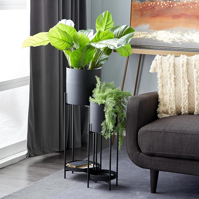Deco 79 Metal Indoor Outdoor Planter Large Planter Pot with Lower Shelf and Removable Stand, Set of 2 Planters 24", 33"H, Black