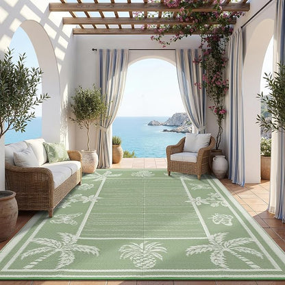 Garvee Outdoor Rug 9x12 Waterproof for Patios, Reversible Plastic Straw Rug, Tropical Leaf Indoor Outdoor Rugs, Large Area Rug for RV, Camping, Deck, Picnic Mat, Outside Carpet