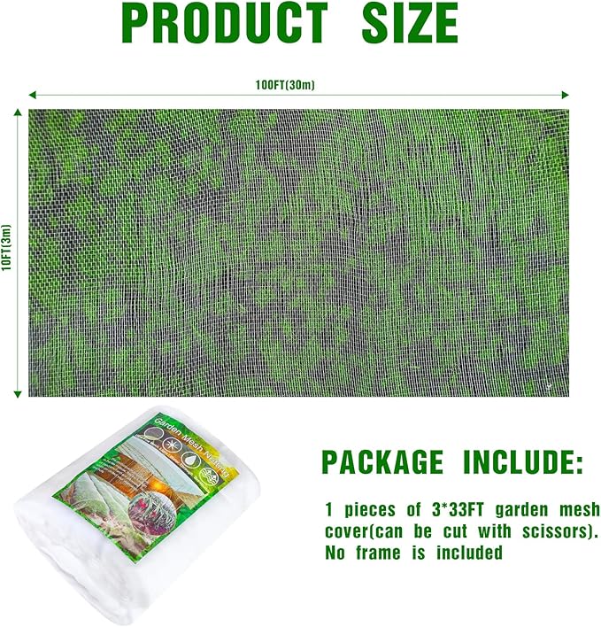 Woanger 10 x 100 FT Garden Netting Ultra Fine Mesh Bird Barrier Insect Netting for Raised Bed Vegetables Fruits Flowers Trees, Plant Row Cover for Garden Greenhouse Patio Protection (White)