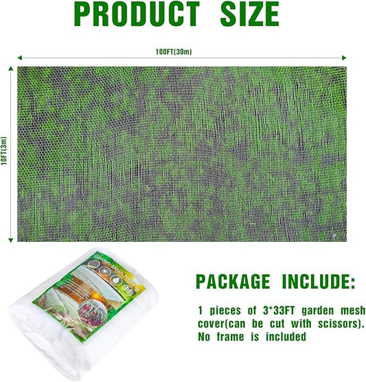 Woanger 10 x 100 FT Garden Netting Ultra Fine Mesh Bird Barrier Insect Netting for Raised Bed Vegetables Fruits Flowers Trees, Plant Row Cover for Garden Greenhouse Patio Protection (White)