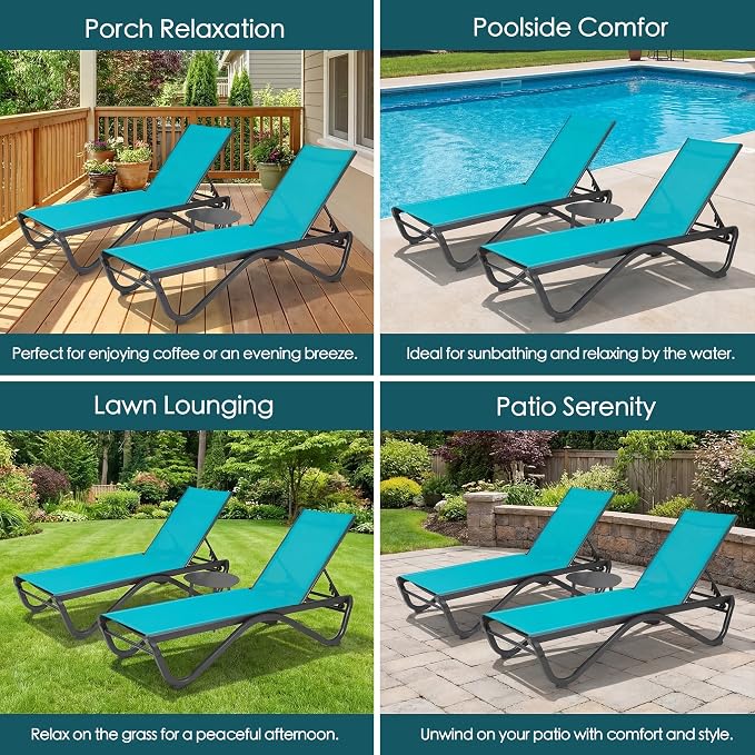 Kozyard Outdoor Chaise Lounge Chair, All Aluminum Frame, Fully Flat Adjustable Reclining Patio Lounger for Poolside, Sunbathing & Backyard, Textilene (Aqua, 2Chairs)