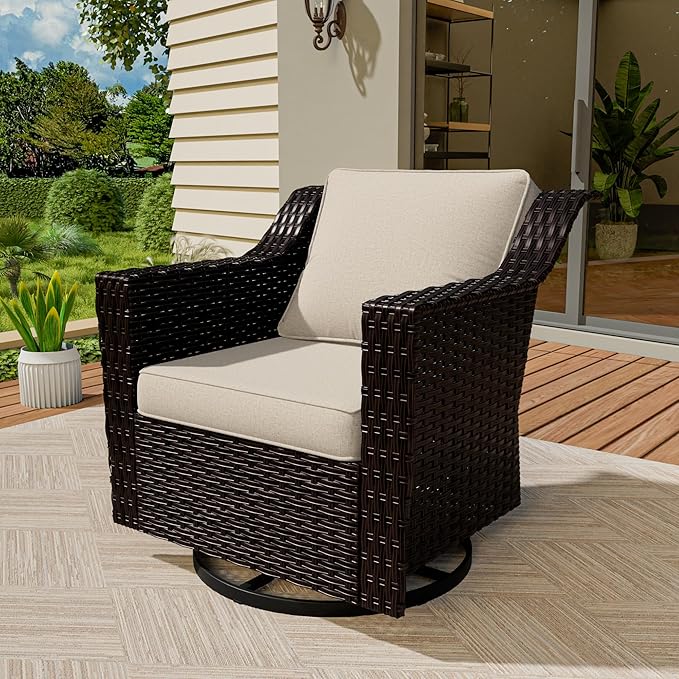 Vista Vibe Outdoor Patio Deep Seat Luxurious Chair - 360 Degree Swivel Glider Rocker Chair with Washable Cushions, Hand-Woven & All-Weather PE Rattan, Balcony, Yard (Brown/Beige)