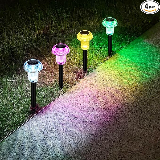 Easter Solar Pathway Lights Outdoor Decorative 4 Pack, 4 color LED Mushroom Solar Lights Outdoor Waterproof Solar Powered Decor for Yard Driveway Patio, Valentines Day Halloween Christmas Garden Decor