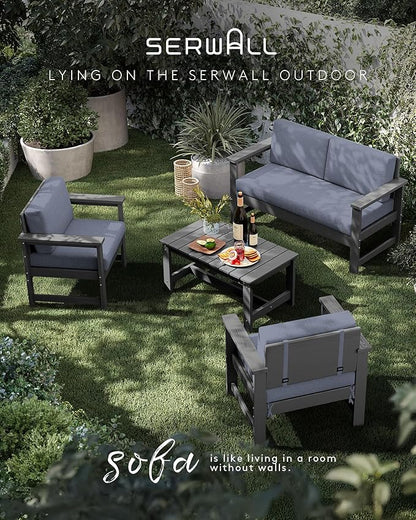SERWALL 2 Pieces Single Cushioned Sofa Chair, Grey HDPE Outdoor Adirondack Lounge Armchair with Grey Cushion