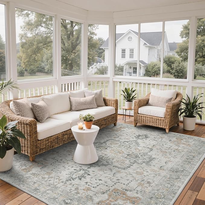 GENIMO Outdoor & Indoor Area Rug 9'x12', Waterproof, Non-Shedding, Easy Cleaning, Boho Mat for Patio, Living Room, Balcony, Dining Room, RV, Deck, Bedroom, Camping, Outside Carpet,Light Grey Brown