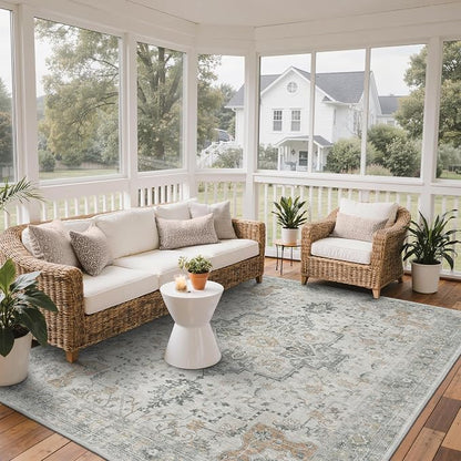 GENIMO Outdoor & Indoor Area Rug 8'x10', Waterproof, Non-Shedding, Easy Cleaning, Boho Mat for Patio, Living Room, Balcony, Dining Room, RV, Deck, Bedroom, Camping, Outside Carpet,Light Grey Brown