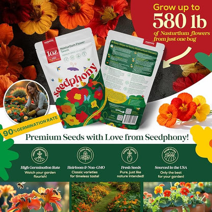 Seedphony Nasturtium Seeds Pack 1 oz - 180 Non-GMO Heirloom Nasturtium Seeds for Planting, Perennial Flowers in Waterproof Seed Packet, Wildflower Seeds for Planting Garden Indoor & Outdoor Gardening