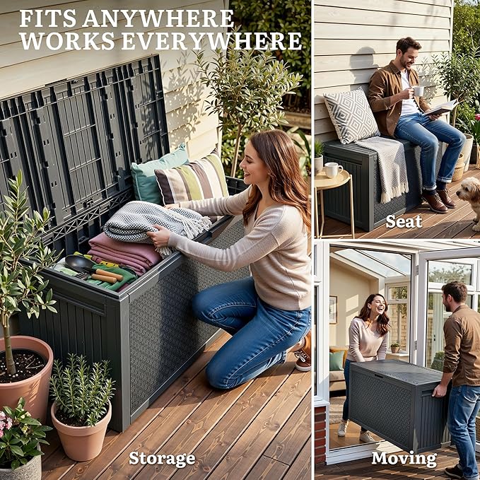 YITAHOME 95 Gallon Large Outdoor Deck Box, Lockable Waterproof Resin Storage Box with Handles, Weatherproof & UV Resistant, Patio Garden Tool Container for Outdoor Furniture, Dark Grey