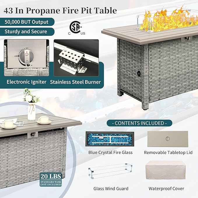 WAROOM Patio Furniture Set 5 Piece Grey Wicker Outdoor Furniture with Fire Pit Table, Patio Sectional Sofa Couch Sets Backyard Deep Seating PE Rattan Chairs, Peacock Blue Cushion