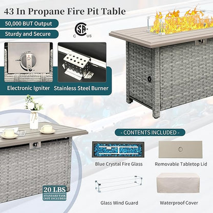 WAROOM Patio Furniture Set 5 Piece Grey Wicker Outdoor Furniture with Fire Pit Table, Patio Sectional Sofa Couch Sets Backyard Deep Seating PE Rattan Chairs, Peacock Blue Cushion