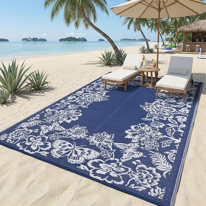 Garvee Outdoor Rugs 8’x10’ Waterproof Reversible Mats, Large Area Plastic Straw Rug, Outside Carpet, Butterfly Floral Rv Mat for Patio Camping Picnic Backyard Deck Balcony Porch Beach Trailer