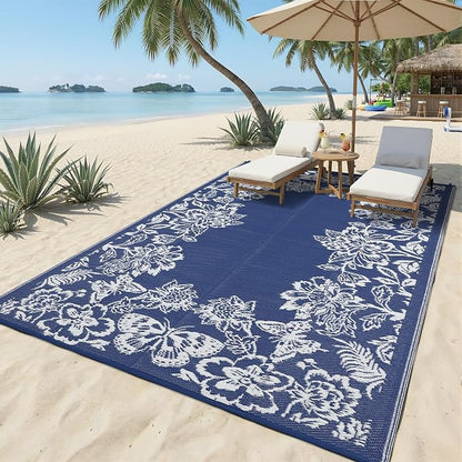 Garvee Outdoor Rugs 8’x10’ Waterproof Reversible Mats, Large Area Plastic Straw Rug, Outside Carpet, Butterfly Floral Rv Mat for Patio Camping Picnic Backyard Deck Balcony Porch Beach Trailer
