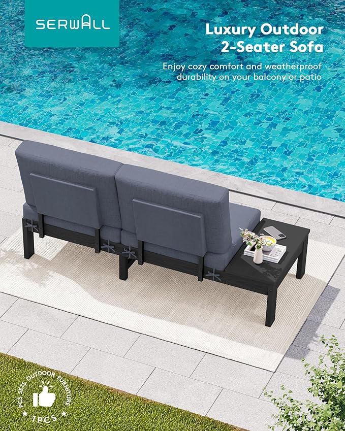 SERWALL HDPE Outdoor Loveseat Set, All-Weather Modular Patio Sofa, Sectional Seating for Backyard or Balcony, Garden, Black Frame with Grey Cushion