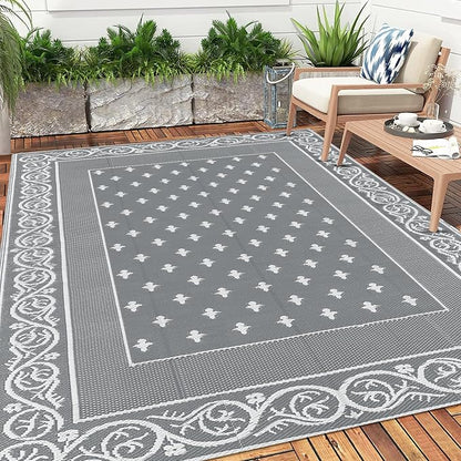 Pauwer Waterproof Outdoor Rug 9x12, Reversible Plastic Straw Patio Camping Rug, Indoor Outdoor RV Mat Carpet for Deck, Camper, Porch, Balcony, Backyard, Picnic, Bordered Grey