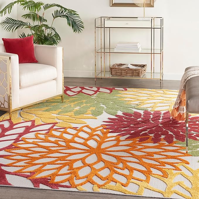 Nourison Aloha Indoor/Outdoor Red Multi Colored 7'10" x 10'6" Area Rug, Tropical, Botanical, Easy Cleaning, Non Shedding, Bed Room, Living Room, Dining Room, Deck, Backyard, Patio (8x10)