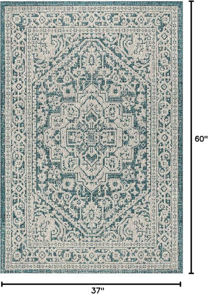 JONATHAN Y Medallion Weave Indoor Outdoor Area Rug 3X5 Teal Blue/Gray, Sinjuri Textured for Backyard, Patio, Porch, Easy-Cleaning, High Traffic, Pet-Friendly, Non-Shedding (SMB101C-3)
