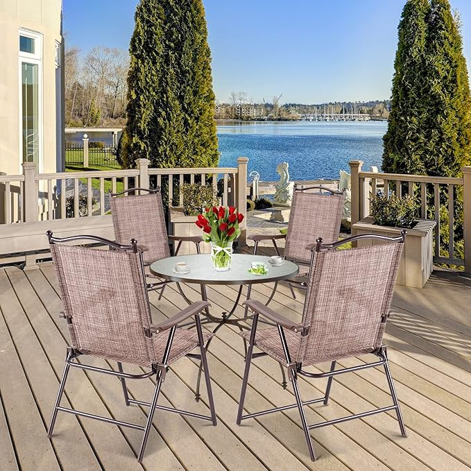 Tangkula Set of 2 Patio Folding Dining Chairs, Outdoor Sling Lawn Chairs with Armrests, Steel Frame, Portable Camping Lounge Chairs for Backyard, Deck, Poolside and Garden, No Assembly (1, Brown)