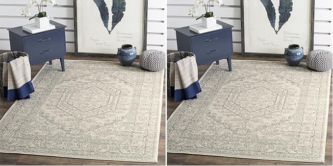 Safavieh Adirondack Collection Accent Rug - 3' x 5', Ivory & Silver, Oriental Medallion Design, Non-Shedding & Easy Care, Ideal for High Traffic Areas in Entryway, Living Room, Bedroom (ADR108B)
